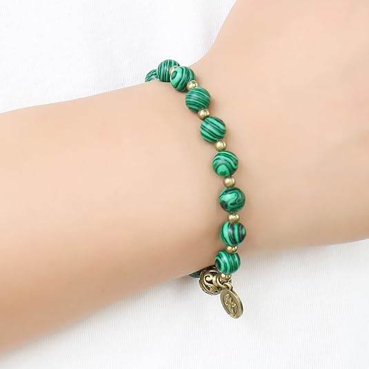St. Benedict Malachite Stone Beads Rosary Bracelet with Metal Separators and Catholic Medal - Nazareth Store