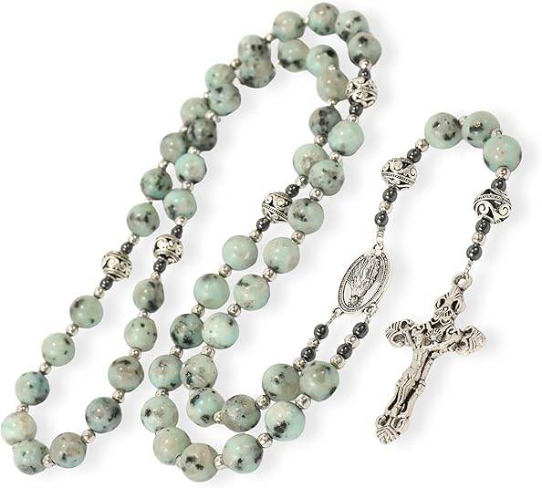 Dalmatian Jasper Natural Stone Rosary Beads Necklace Holy Soil & Cross - Nazareth Store