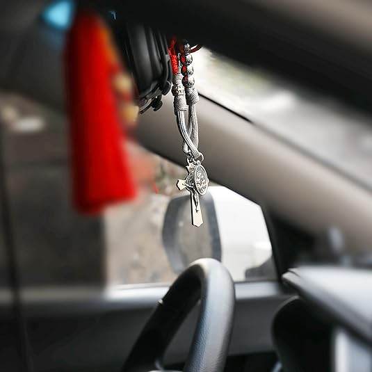 Strong Military One Decade Grey Paracord Rosary Silver Beads Pocket Car Rosary St. Joseph Medal & St. Benedict Cross - Nazareth Store