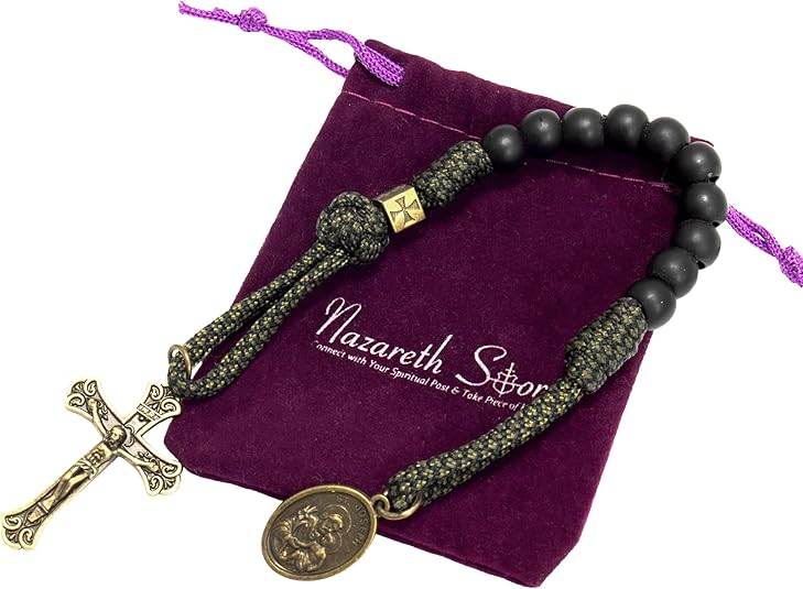 Antique Bronze One Decade Green Paracord Black Matte Beads Bracelet Jesus Cross with Miraculous Medal - Nazareth Store