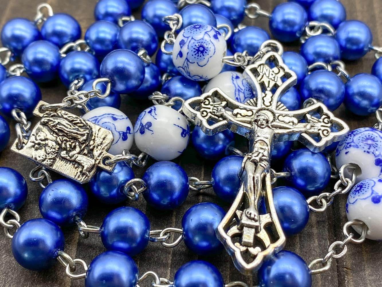 White Flowers Blue Pearl Beads Rosary Beaded Necklace Lourdes Medal & Cross Crucifix - Nazareth Store
