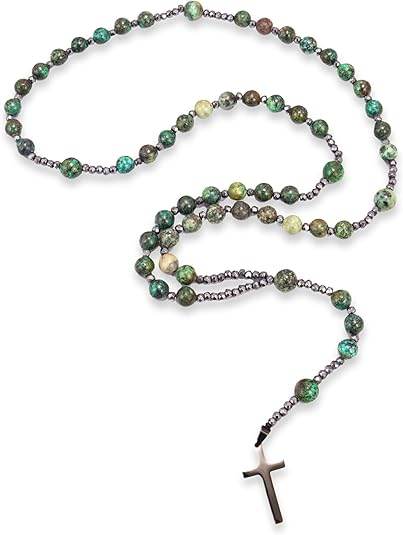 Hematite Stone Beaded Rosary Necklace with Black Metal Cross - Nazareth Store