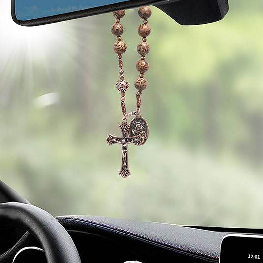 St. Joseph Wood Beads One Decade Car Mirror Beads Rosary with Jesus Cross - Nazareth Store