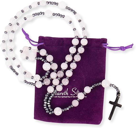 Hematite Stone Beaded Rosary Necklace with Black Metal Cross - Nazareth Store