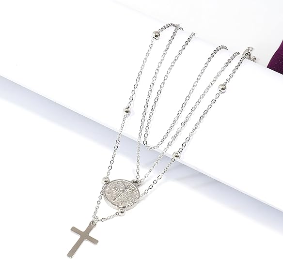 Silver Plated Layered Cross Necklaces 18" with St Benedict Medal Protection Chain Nazareth Store