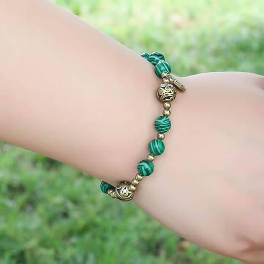 Malachite Stone Beads Rosary Bracelet with Metal Separators and Catholic Miraculous Medal - Nazareth Store