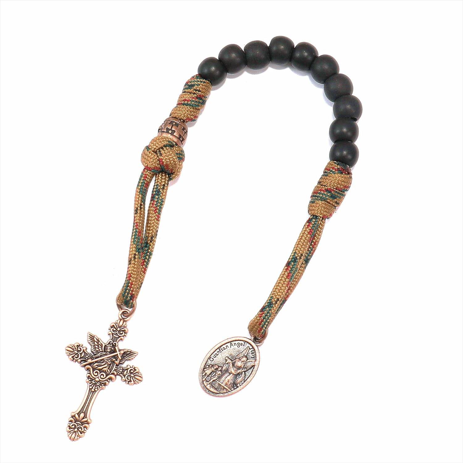 Black Beads Antique One Decade Paracord Rosary Pocket Car Rosary St Michael Medal & Archangel Cross - Nazareth Store