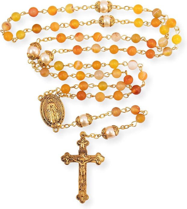 Yellow Matte Stone Rosary Necklace with Pearl Beads Miraculous Medal & Cross