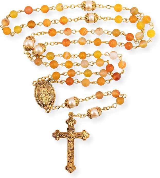 Yellow Matte Stone Rosary Necklace with Pearl Beads Miraculous Medal & Cross