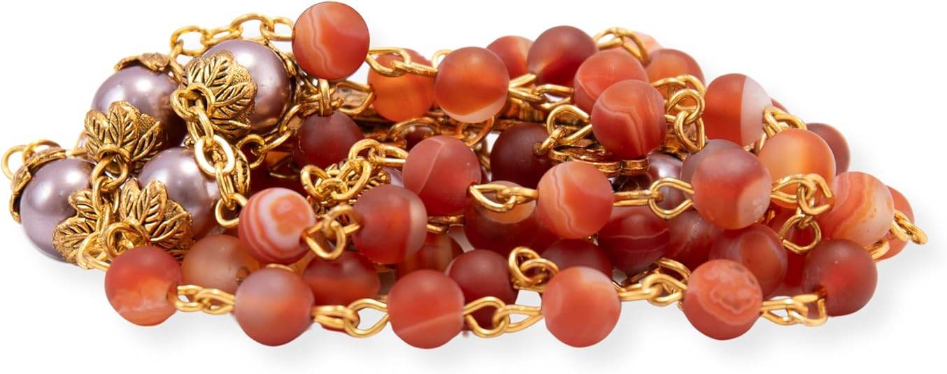 Matte Stone & Pearl Round Beads Rosary Gold Necklace Miraculous Medal & Cross - Nazareth Store