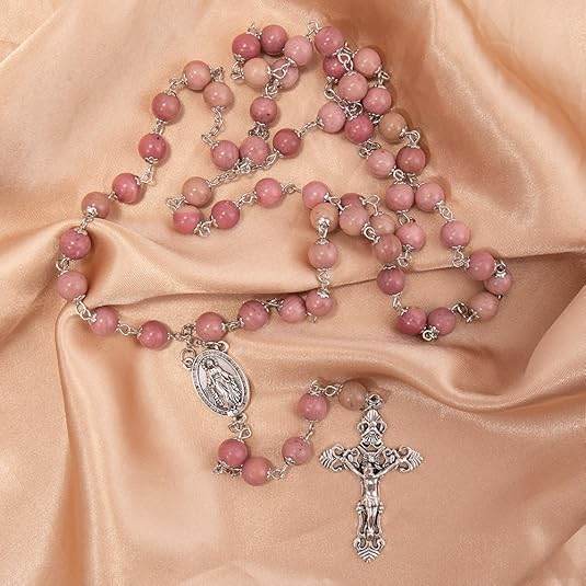 Pink Aventurine Rosary Necklace with Silver Holy Soil Medal & Cross - Nazareth Store