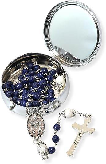 White Howlite Blue Lapis Lazuli Beads Rosary Necklace Miraculous Medal Holy Mary Box - Nazareth Store