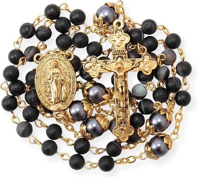 Black Matte Stone Rosary Necklace with Pearl Beads Miraculous Medal & Cross