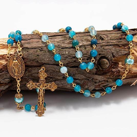 Matte Stone & Pearl Round Beads Rosary Gold Necklace Miraculous Medal & Cross - Nazareth Store