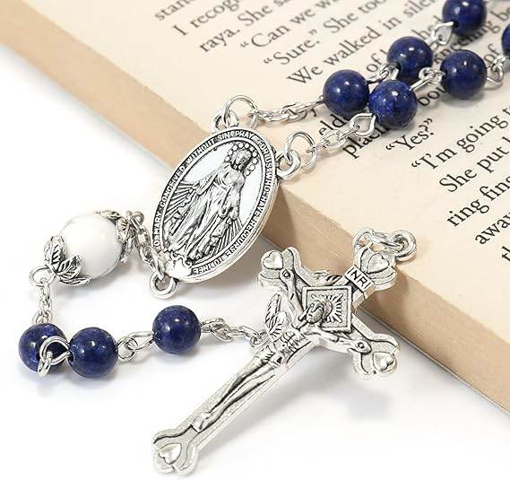 White Howlite Blue Lapis Lazuli Beads Rosary Necklace Miraculous Medal Holy Mary Box - Nazareth Store