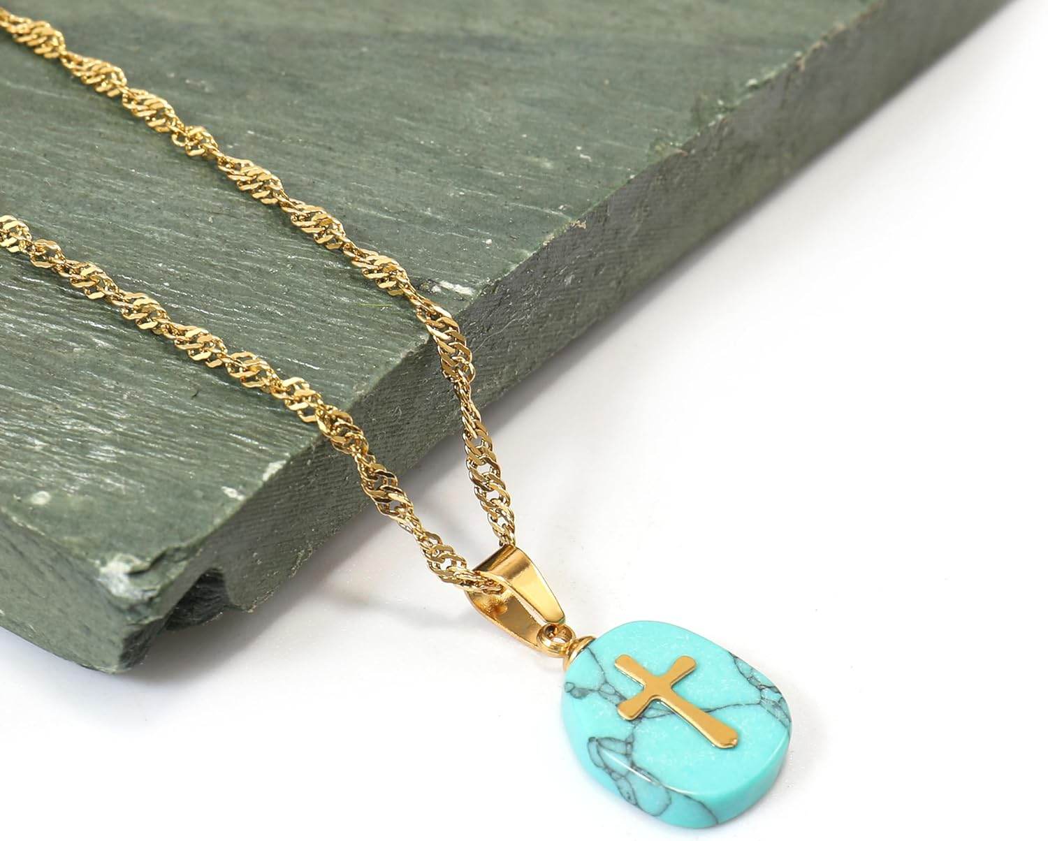 Natural Blue Sapphire Stone Cross Pendant Stainless Steel Clavicle Chain Necklace - Nazareth Store