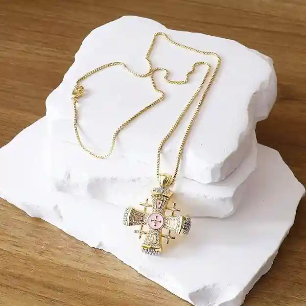 Pink Enamel Jerusalem Cross Pendant Necklace 18k Gold Plating Crystallized Stones - Nazareth Store