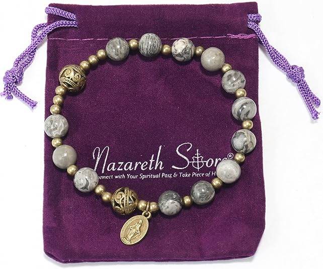 Map Stone Stone Beads Rosary Bracelet with Metal Separators and Catholic Miraculous Medal - Nazareth Store