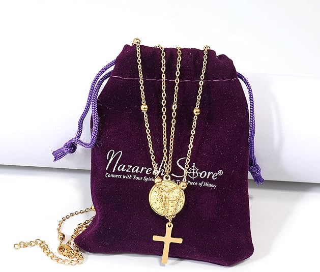 Layered Dainty 18" Necklace: 14K Gold Plated Cross with Saint Benedict Medal Protection Amulet Chain Nazareth Store