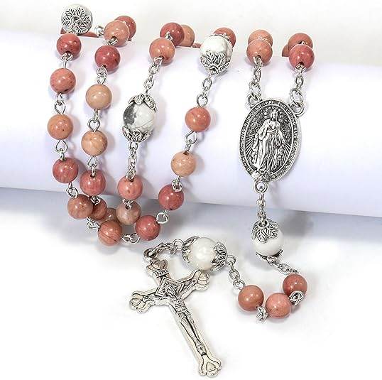 White Howlite Pink Aventurine Beads Rosary Necklace Miraculous Medal Holy Mary Box - Nazareth Store
