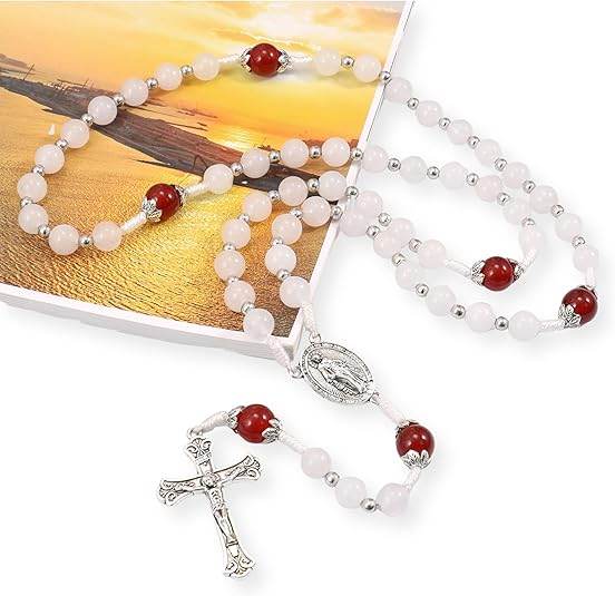 White Jade & Natural Stone Beads Rosary Necklace St. Miraculous Medal & Cross Crucifix - Nazareth Store