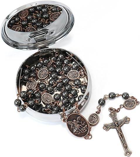 Black Hematite Copper St. Michael Stone Beads Rosary Necklace with Metal Box - Nazareth Store