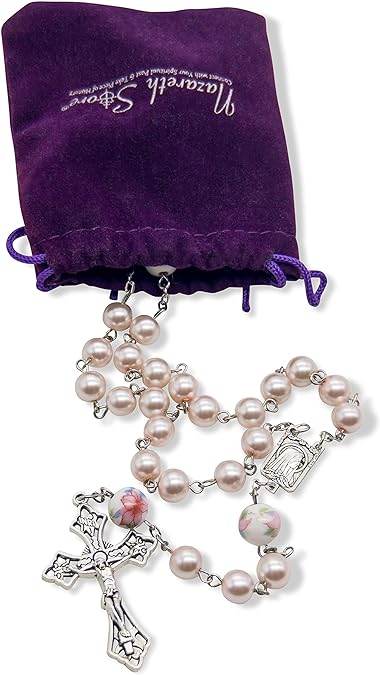 White Flowers Pink Pearl Rosary Beads Miraculous Medal & Cross Crucifix - Nazareth Store