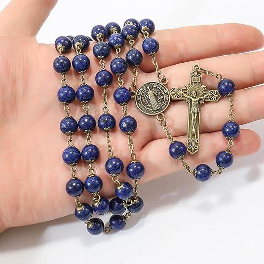 Lapis Lazuli Stone Beads Rosary Antique Bronze Necklace St. Benedict Cross and Medal - Nazareth Store