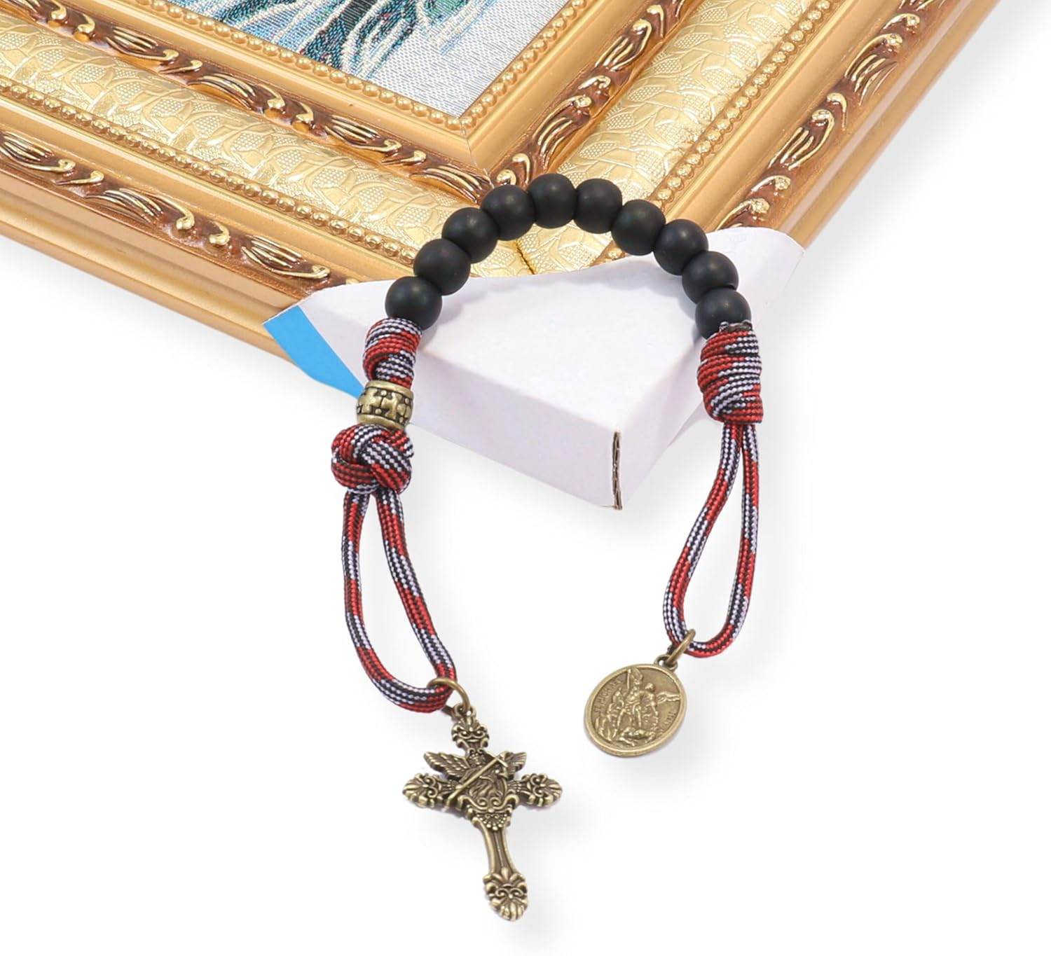 Black Beads Antique One Decade Paracord Rosary Pocket Car Rosary St Michael Medal & Archangel Cross - Nazareth Store