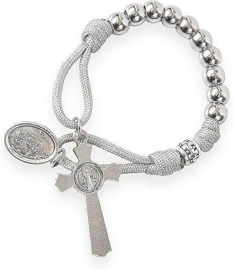 Strong Military One Decade Grey Paracord Rosary Silver Beads Pocket Car Rosary St. Joseph Medal & St. Benedict Cross - Nazareth Store