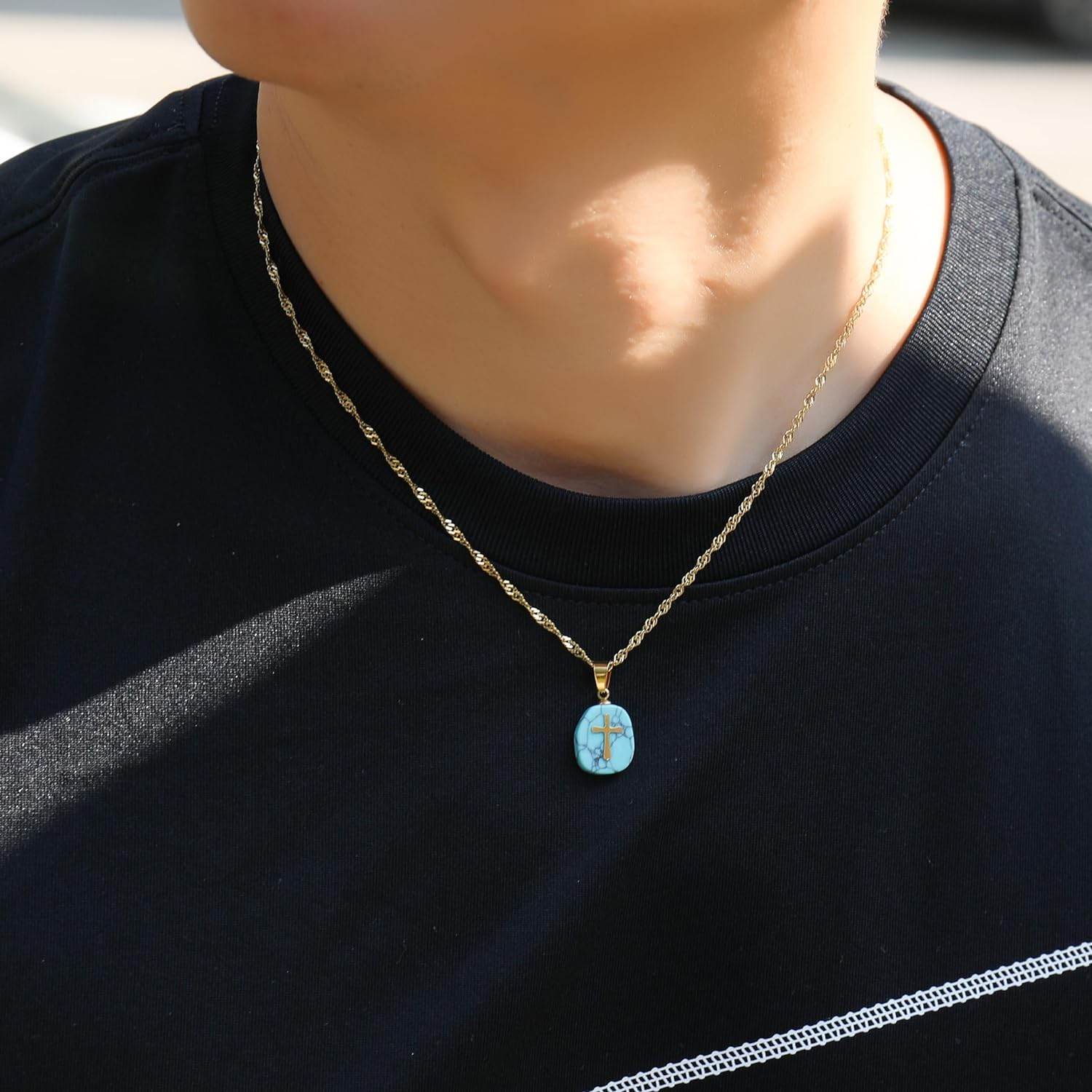 Natural Blue Sapphire Stone Cross Pendant Stainless Steel Clavicle Chain Necklace - Nazareth Store