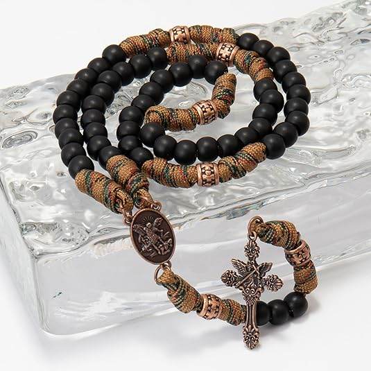 Black Matte Beads Rugged Paracord Rosary St. Benedict INRI Cross Strong Corded Necklace - Nazareth Store