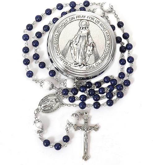 White Howlite Blue Lapis Lazuli Beads Rosary Necklace Miraculous Medal Holy Mary Box - Nazareth Store