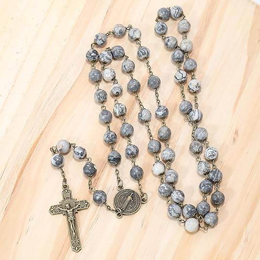 St. Benedict Map Stone Antique Bronze Rosary Necklace Cross and Medal - Nazareth Store
