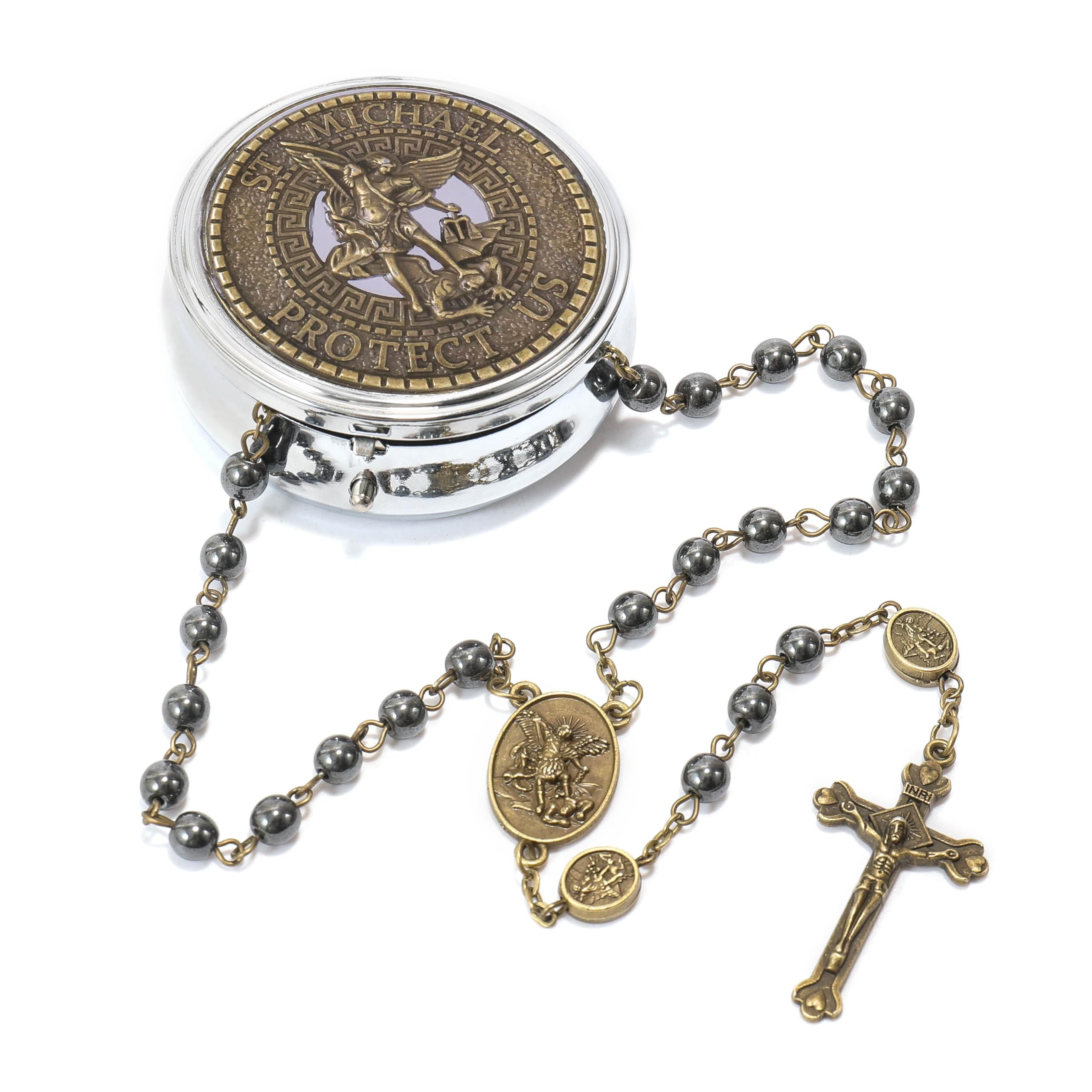 Rosenkranz-Halskette mit St. Michael-Steinperlen aus schwarzer Hämatit-Bronze und Metallbox