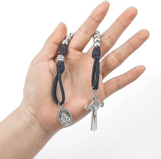 Silver Beads Blue Paracord Pocket Car Rosary St. Joseph Medal & St. Benedict Cross - Nazareth Store