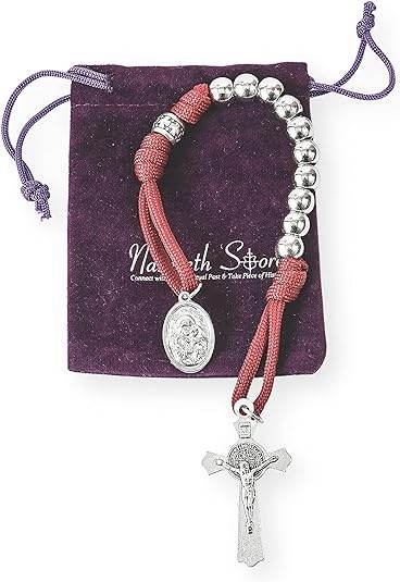 Silver Beads Red Paracord Pocket Car Rosary St. Joseph Medal & St. Benedict Cross - Nazareth Store