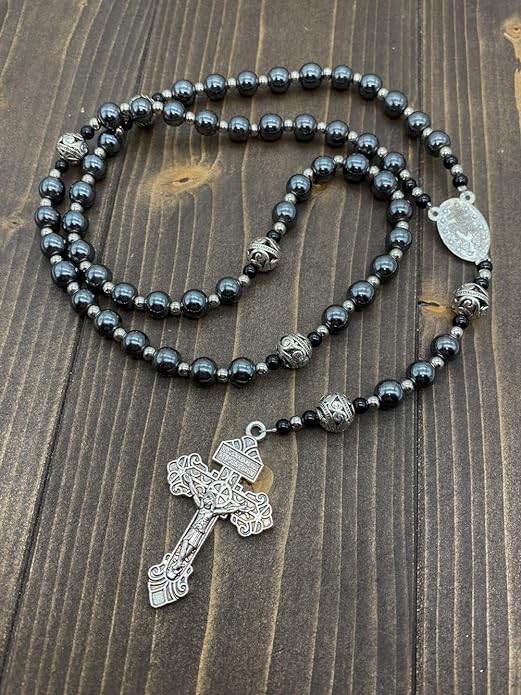 Black Hematite Beads Rosary Stainless Knotted Necklace Miraculous Medal & Cross - Nazareth Store