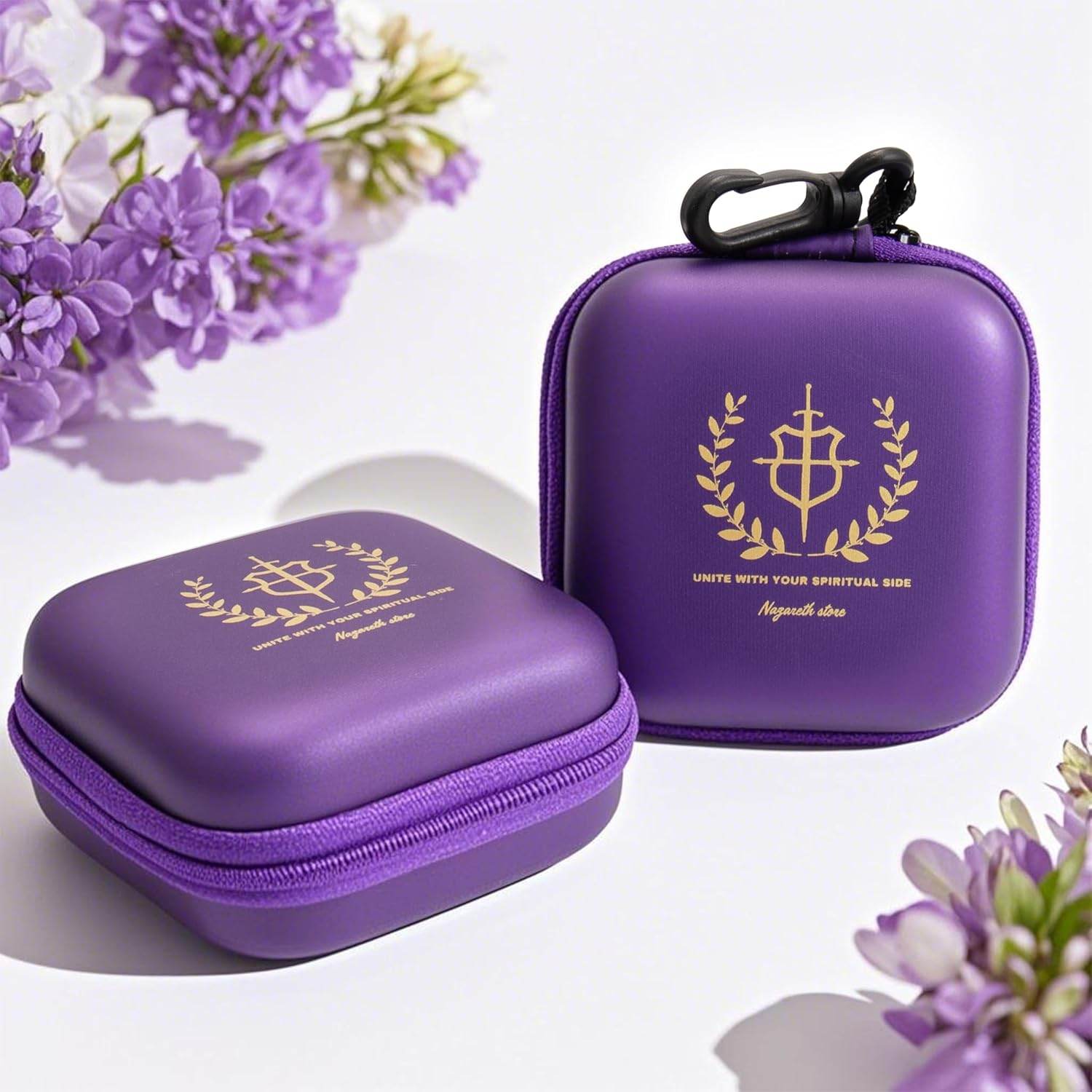 Purple Rosary Case Hard Shell Travel Pouch with Zipper and Clip - Nazareth Store