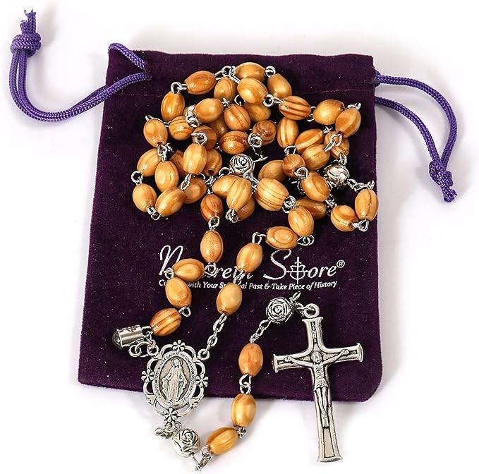 Our Father Prayer Olive Wood Rosary Beaded Necklace with Miraculous Centerpiece and Jesus Crucifix - Nazareth Store