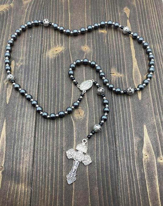 Black Hematite Beads Rosary Stainless Knotted Necklace Miraculous Medal & Cross - Nazareth Store