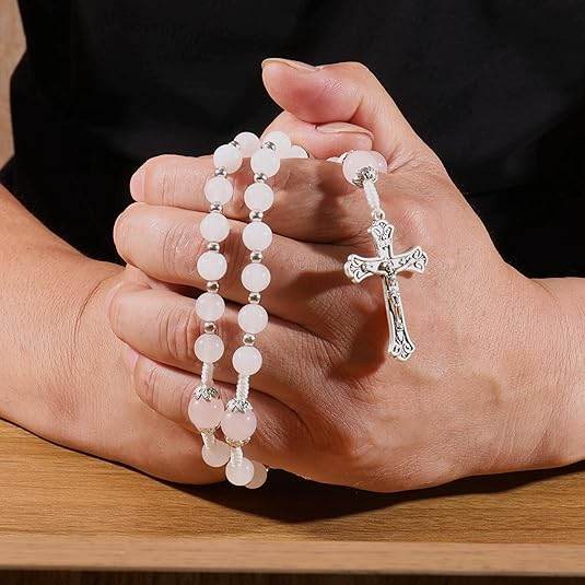 White Jade & Natural Stone Beads Rosary Necklace St. Miraculous Medal & Cross Crucifix - Nazareth Store