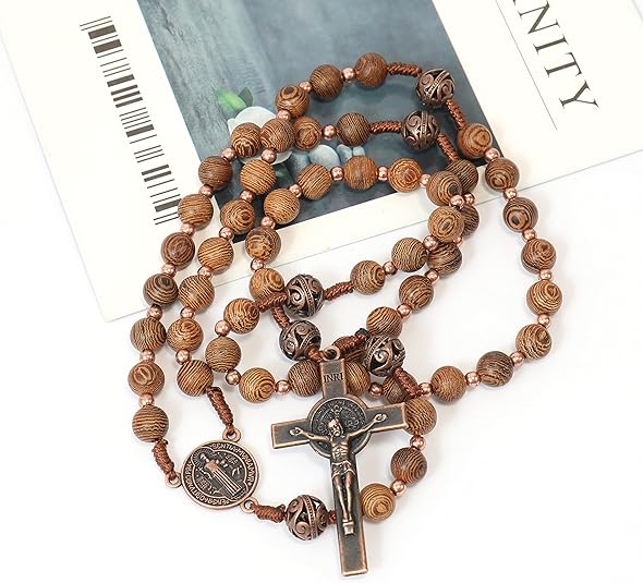 Sacred Wooden Rosary St Benedict Solid Wood & Metal Beads Catholic Chaplet 20" - Nazareth Store