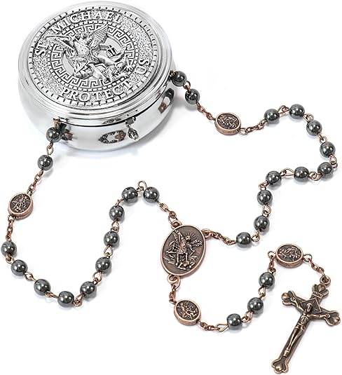 Black Hematite Copper St. Michael Stone Beads Rosary Necklace with Metal Box - Nazareth Store