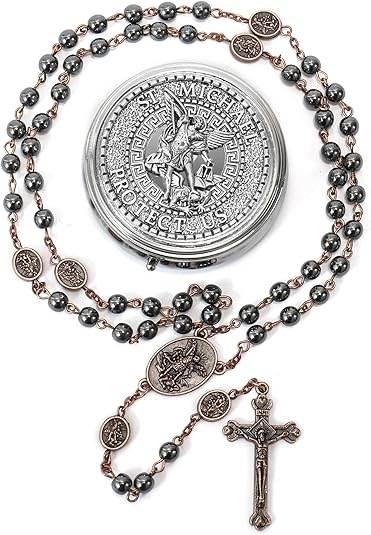 Black Hematite Copper St. Michael Stone Beads Rosary Necklace with Metal Box - Nazareth Store
