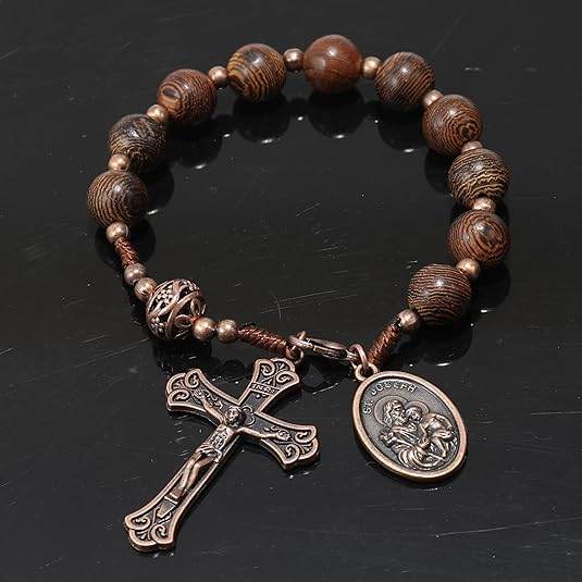 St. Joseph Wood Beads One Decade Car Mirror Beads Rosary with Jesus Cross - Nazareth Store