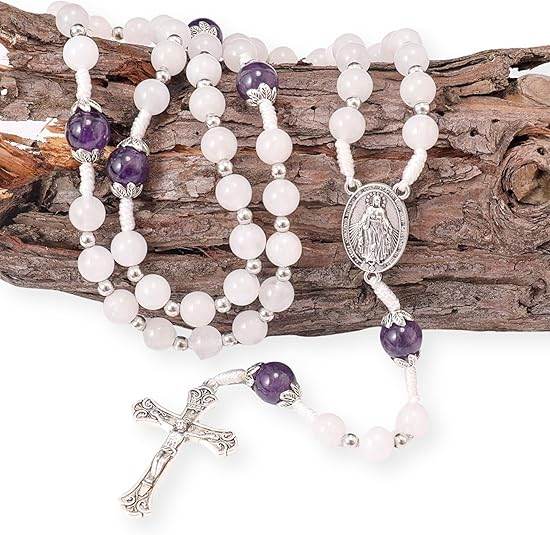 White Jade & Natural Stone Beads Rosary Necklace St. Miraculous Medal & Cross Crucifix - Nazareth Store