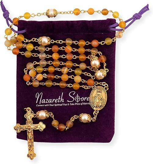 Matte Stone & Pearl Round Beads Rosary Gold Necklace Miraculous Medal & Cross - Nazareth Store
