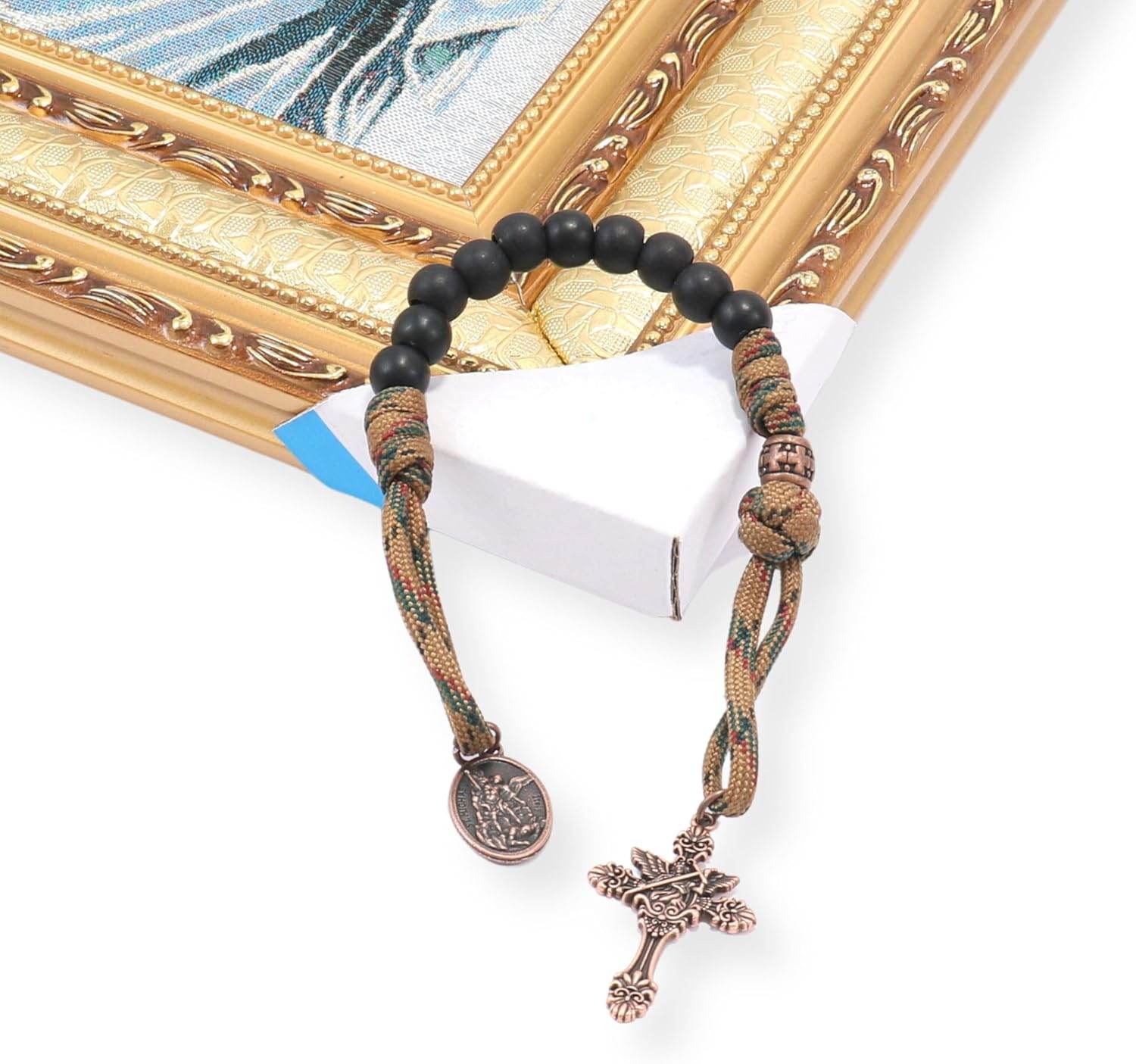 Black Beads Antique One Decade Paracord Rosary Pocket Car Rosary St Michael Medal & Archangel Cross - Nazareth Store