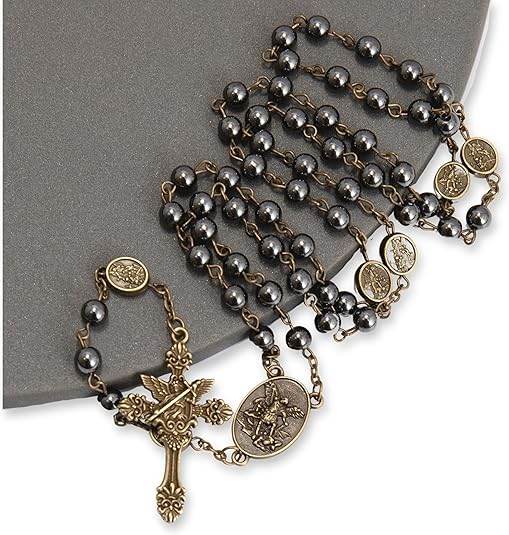 Hematite Rosary Necklace with Bronze Archangel Medal & St. Michael Cross - Nazareth Store